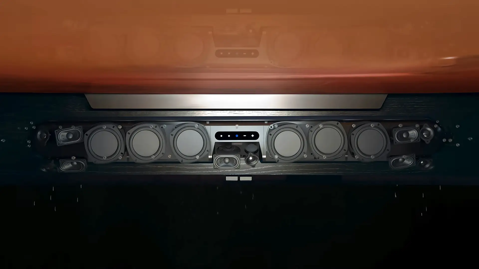 Sơ đồ cấu tạo 16 củ loa bao gồm kênh upfiring đánh trần và woofer bass trên soundbar Bluesound Pulse Cinema